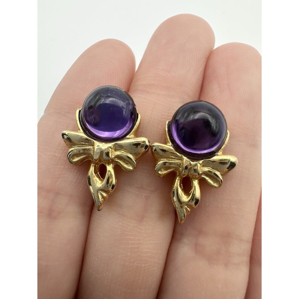 Vintage Gold Tone Bowtie Purple Glass Earrings